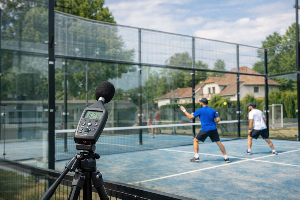 Sonomètre sur trépied mesurant le bruit d’un terrain de padel extérieur à proximité d’habitations