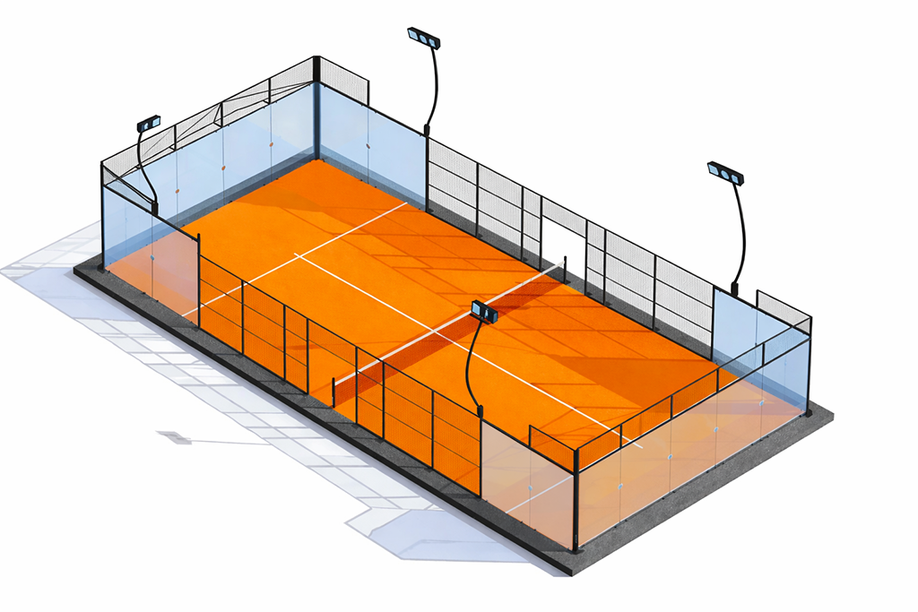 Schéma d’un terrain de padel avec parois vitrées, grillages et ouvertures, utilisé pour expliquer les nuisances sonores