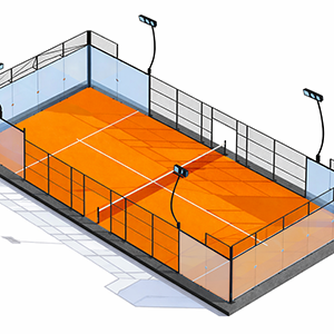 Schéma d’un terrain de padel avec parois vitrées, grillages et ouvertures, utilisé pour expliquer les nuisances sonores
